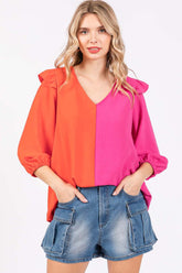 GeeGee Women's Full Size Ruffle Trim Contrast Blouse - Stylish & Elegant